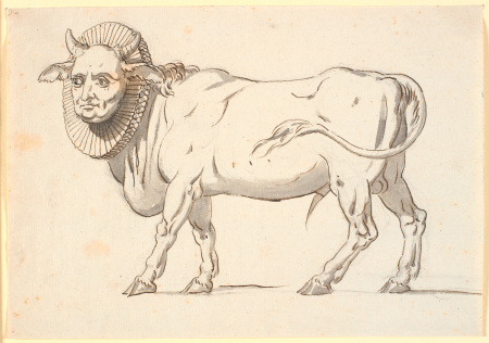 Caricature of a cleric, in the form of a bull with a human face and a pipe collar around his neck, Nicolai Abildgaard