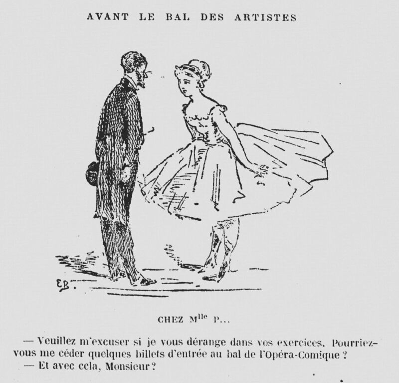 BEFORE THE ARTISTS' BALL - AT Mlle P...'S — Please excuse me if I disturb you in your exercises. Could you give me some tickets to the ball at the Opéra-Comique? — And with that, sir?, Emile Benassit, 1867
