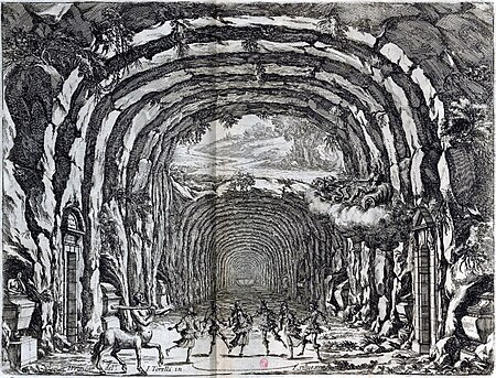 Engraving from 'Scene e machine preparate alle nozze di Teti Balletto reale' – INHA NUM 4 RES 1152 vue 17 Act I 1, Giacomo Torelli, 1654