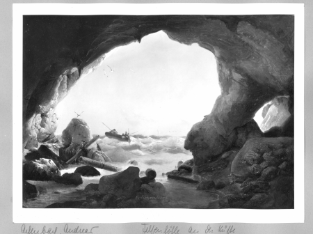 View on sea through rock- gate, Andreas Achenbach, 1842