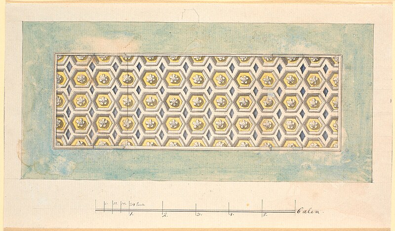 Draft for a ceiling with hexagonal yellow cassettes with a wide green stripe around, Nicolai Abildgaard