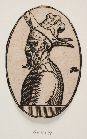 Oval medallion with bust of man with hanging mustache and hat with four flaps, Melchior Lorck, 1582