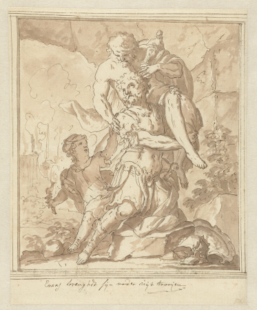 Aeneas redt zijn vader Ontwerpen voor schilderijen met episodes uit De Aeneas (serietitel), RP-T-00-269, Mattheus Terwesten, between 1600 and 1604