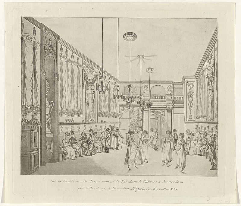 Danshuis 'de Pijl', 1824 Vue interieur du Musico nommé le Pyl dans le Pylsteeg à Amsterdam (titel op object), RP-P-1912-2316, Evert Maaskamp, between 1808 and 1824