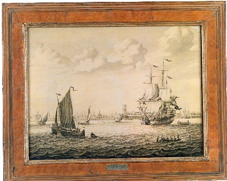 View of the Maas and the city of Rotterdam, with a sailing whaler on the right, Adriaen van Salm, between 1706 and 1720