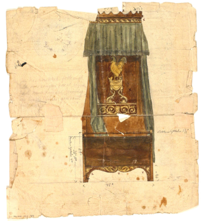 Drawing of a four-poster bed seen from the end, as well as notes and measurements, Niels Larsen Stevns