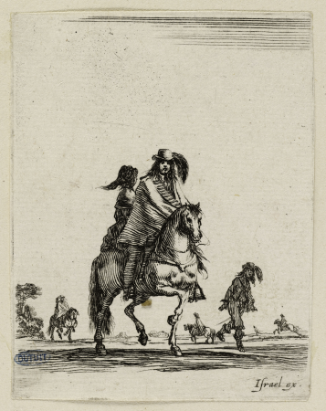 Cavalier avec sa dame en croupe se dirigeant vers la droite. Quinzième numéro d'une suite de 19 pièces (A. de Vesme 241, GDUT2120(2), Stefano della Bella