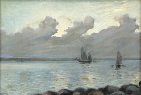 A schooner in an inlet in the evening., Harald Kjær, between 1894 and 1948