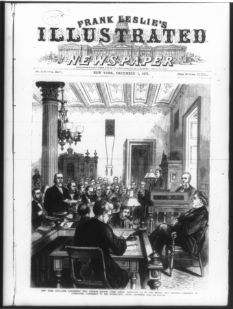 New York City -- The Vanderbilt will contest-- Doctor Jared Linsly testifying as to the mental and physical condition of Commodore Vanderbilt in the Surrogate's Court, November 14th., Frank Leslie, 1 December 1877