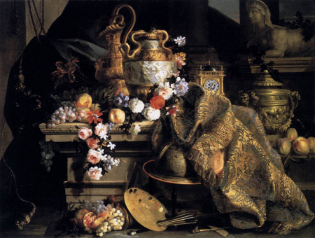 Still life with art objects, flowers, fruits and painter's attributes, Jean-Baptiste Monnoyer, 1665