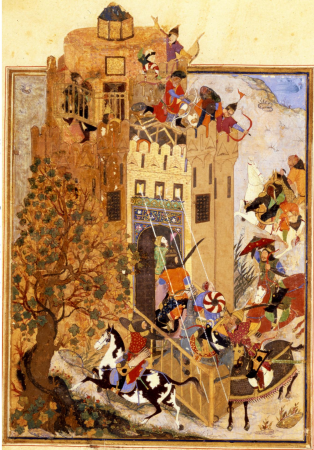 Troops of Timur attacking the city of Khiva, Urganj (left)