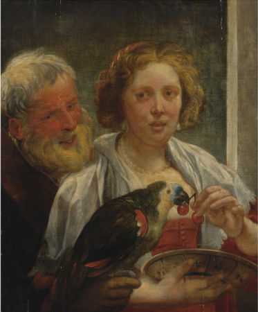 A bearded man and a woman with a parrot: "Unrequited Love", Jacob Jordaens, between 1637 and 1640
