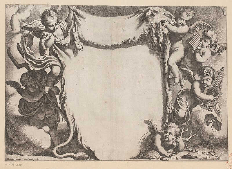 Putti rond een kader met leeuwenvel, RP-P-OB-43.364, Louis Testelin, between 1619 and 1689