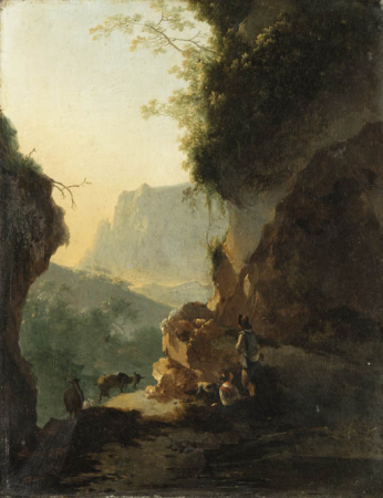 An Italianate landscape with peasants resting on a mountain path, Adam Pynacker, 1660s