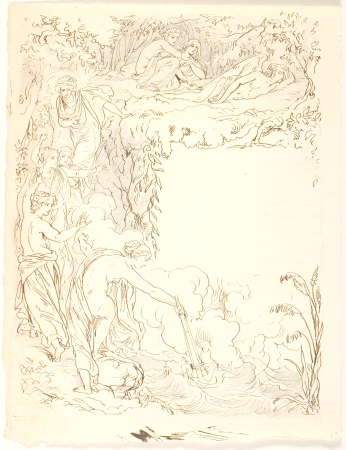 The nymphs find Eros asleep and try to extinguish Eros' torch, Lorenz Frølich, 1860