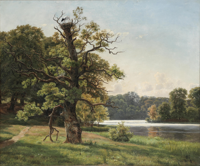 A view of a forest lake with a view of a storks nest in a treetop., Carsten Henrichsen, 1880