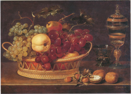 Still life of fruit in a wicker basket, with nuts and a glass goblet, Clara Peeters, circa 1615