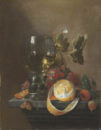 Still life with fruit and a glass on a ledge, Joris van Son, between 1643 and 1667