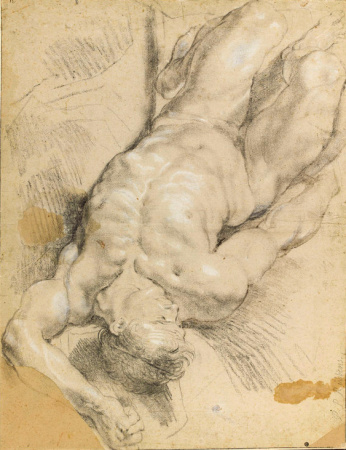 Study of a nude man lying upside down, Peter Paul Rubens, between 1610 and 1612