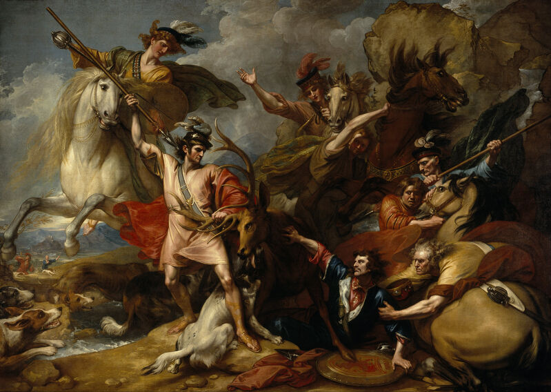 Alexander III of Scotland Rescued from the Fury of a Stag by the Intrepidity of Colin Fitzgerald ('The Death of the Stag'), Benjamin West, 1786
