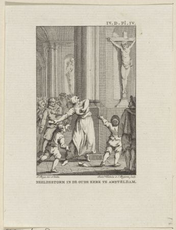 Beeldenstorm, 1566 Beeldestorm in de Oude Kerk te Amsteldam (titel op object), RP-P-OB-64.258, Reinier Vinkeles, between 1783 and 1795