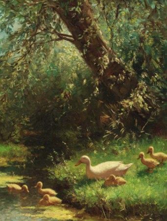 Duck and ducklings on a riverbank, Constant Artz