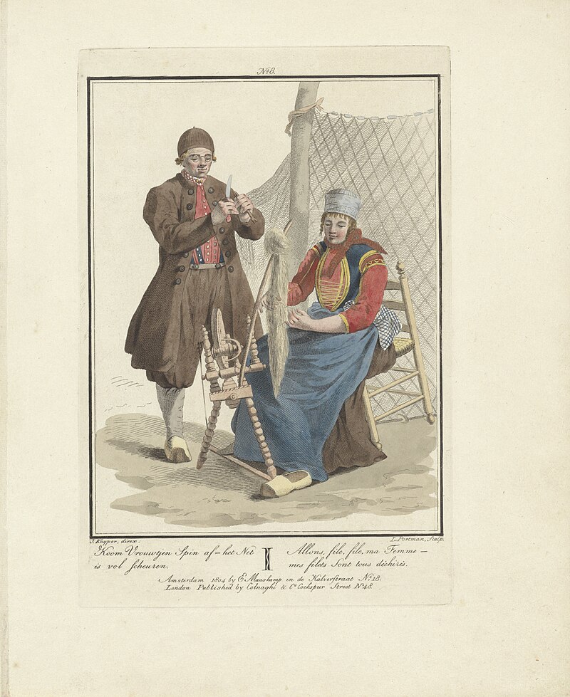 Nettenboetster Koom Vrouwtjen Spin af - het Net is vol scheuren Allons, file, file, ma Femme - mes fliets Sont tous déchirés (titel op object), RP-P-1998-646, Evert Maaskamp, between 1803 and 1807