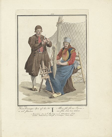 Nettenboetster Koom Vrouwtjen Spin af - het Net is vol scheuren Allons, file, file, ma Femme - mes fliets Sont tous déchirés (titel op object), RP-P-1998-646, Evert Maaskamp, between 1803 and 1807
