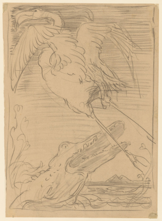 Krokodil die naar een flamingo hapt, RP-T-1965-161, Willem van Konijnenburg, between 1878 and 1943