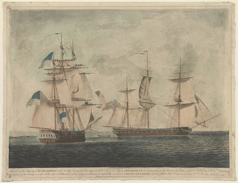 This view of his majesty's ship Shannon, hove too, & cooly waiting the close approach of the American frigate Chesapeak, ... - painted by R. Dodd from the information of Captn. Falkinir. LCCN98519184, Robert Dodd, 1813