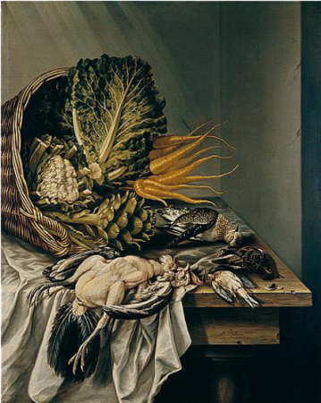 Still life of an overturned basket with vegetables, fowl on a table covered witha white cloth, Jacob Biltius, 1676