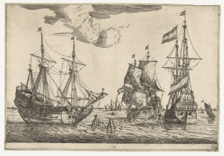Drie aangemeerde zeilschepen Dertien scènes met schepen (serietitel), RP-P-1881-A-4742, Reinier Nooms, between 1650 and 1664
