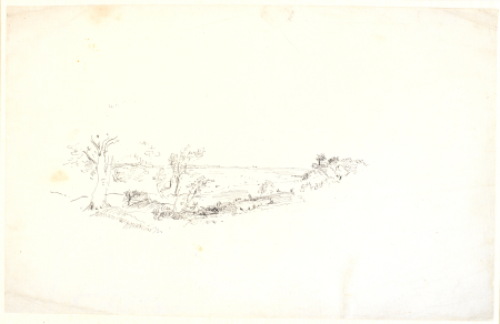 View over a hillside to a vast landscape. Loose scratch, Dankvart Dreyer