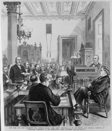 New York City -- The Vanderbilt will contest-- Doctor Jared Linsly testifying as to the mental and physical condition of Commodore Vanderbilt in the Surrogate's Court, November 14th., Frank Leslie, 1 December 1877