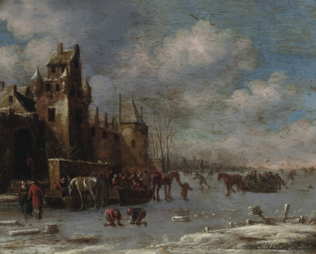 A winter landscape with figures skating, riding sleighs and conversing on the ice, Thomas Heeremans