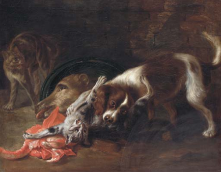 A spaniel and a cat fighting, with another cat looking on, Nicasius Bernaerts, between 1643 and 1678