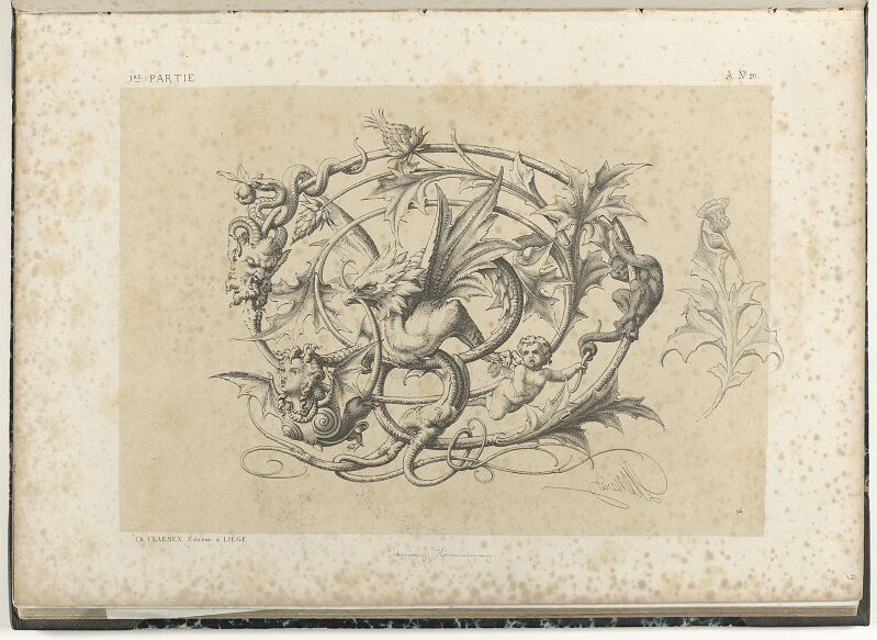 Leaf vine with winged monster with bird head, Charles Claesen, 1866; 1866