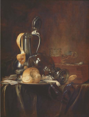 Still life with rummer, pewter jug, lemon, bread, smoking utensils, and a pocket watch, circa 1640-1670, Cornelis Mahu