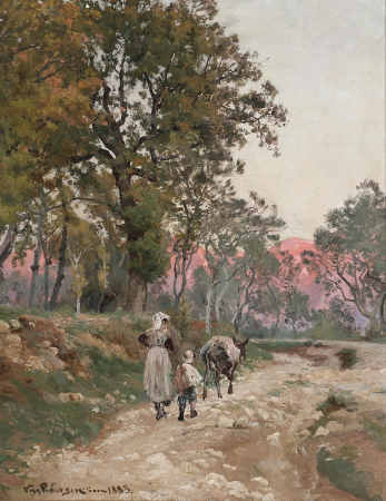 Italian mountainscape with a mother and her son walking with a donkey., Viggo Christian Frederik Vilhelm Pedersen, 1883