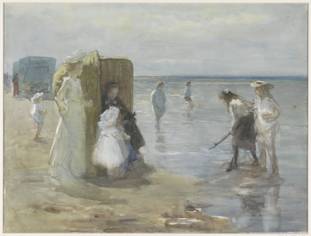 Gezicht langs de vloedlijn aan het Scheveningse strand, met twee dames en kinderen, RP-T-1959-439, between 1874 and 1927