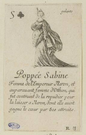 Jeu des reines renommées. Poppée Sabine. Quarante-septième numéro d'une suite de 52 pièces. (A. de Vesme 643 Dutuit 11, GDUT2691, Stefano della Bella, En 1644