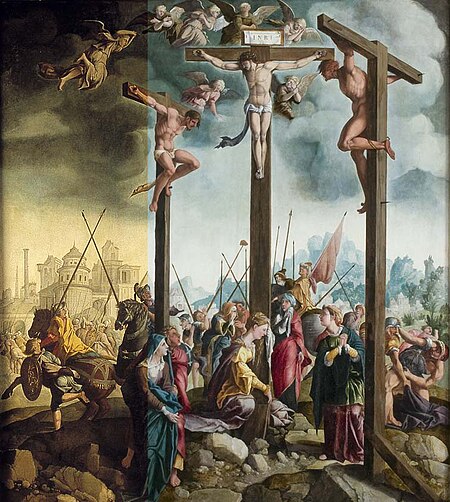 Triptych with Crucifixion with multiple figures, Jan van Scorel, between 1530 and 1539
