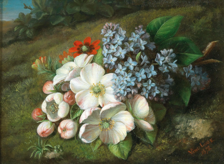 Apple blossoms with lilacs and summer Adonis florets, Vincenz Loos, 1872