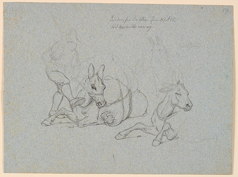 Lying donkey being whipped and kicked by a driver. T.h. two studies of a lying and a standing donkey, Johan Lundbye, 1845