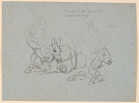 Lying donkey being whipped and kicked by a driver. T.h. two studies of a lying and a standing donkey, Johan Lundbye, 1845