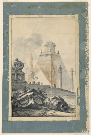 Drawing, Architectural Fantasy: A Circular Temple on a Truncated Pyramid, mid-18th century, Louis-Joseph Le Lorrain