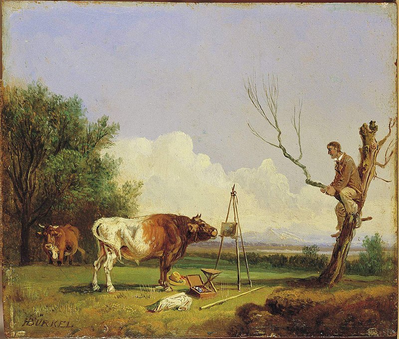A painter saving his life up into a tree from a furious bull, Heinrich Bürkel