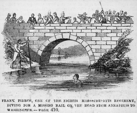 Frank Pierce, one of the Eighth Massachusetts Regiment, diving for a missing rail on the road from Annapolis to Washington LCCN2002735871, Frank Leslie, 1861