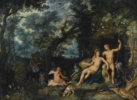 Venus and Adonis resting in an extensive landscape, with Cupid and hunting dogs and their quarries, Cornelis van Haarlem, 1610