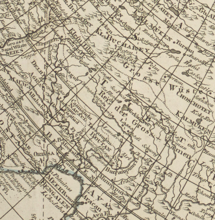 Map of Tibet, Nepal and Bhutan about the year 1800 from Die Obere Oder Nördliche Halbkugel Der Erde (cropped), Tranquillo Mollo, circa 1800